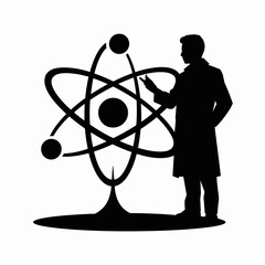 Scientist silhouetted next to atomic model demonstrating scientific discovery