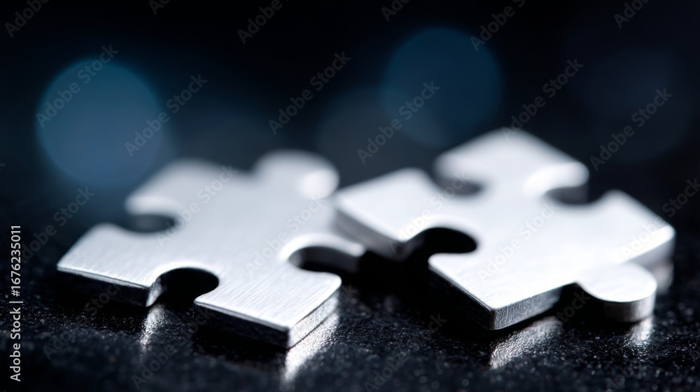 Poster two metallic puzzle pieces connected together. a blend of modern design and creativity. ideal for co