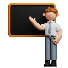 3D rendered illustration of a teacher standing in front of a chalkboard, gesturing with his hand.