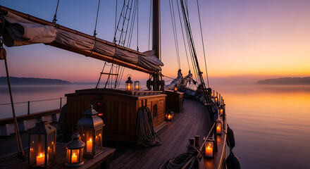 Illuminated lanterns on a ship deck at sunset with sails and rigging against a colorful sky and calm water ai generated