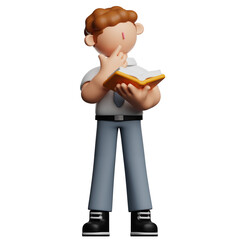 3D cartoon student reading a book and thinking, isolated on white background.