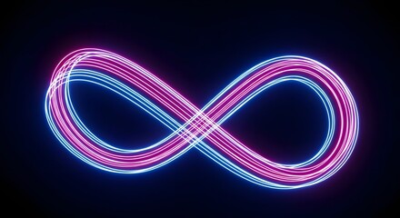 Glowing infinity symbol formed by neon light streaks in pink and blue hues