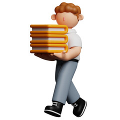 3D render of a boy carrying a stack of books.