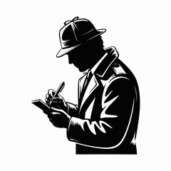 Silhouette of a detective in a hat and trench coat writing notes