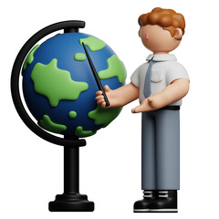 A 3D illustration of a teacher pointing at a globe, symbolizing education and geography.