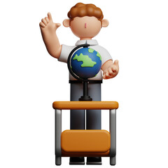 3D rendered illustration of a teacher pointing upwards while standing behind a desk with a globe.