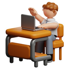 3D illustration of a cartoon boy sitting at a desk with a laptop and raising his hand.