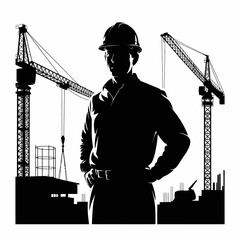 Construction worker silhouette with cranes and buildings at a job site