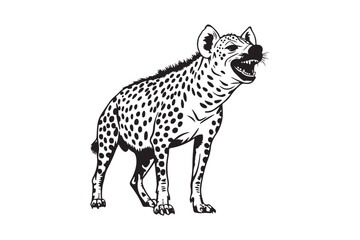 Black and white illustration of a spotted hyena with open mouth