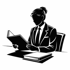 Businesswoman in suit reading a book at a desk with books