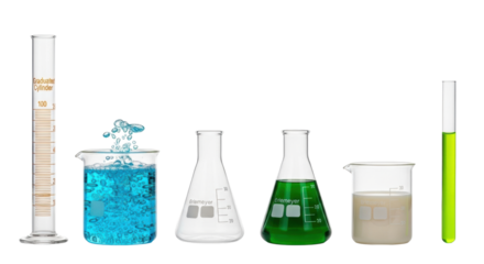 A precise linear row of clear laboratory glassware: beakers with bubbling blue and milky solutions, two flasks, a glowing chartreuse test tube, on transparent, concept of scientific precision
