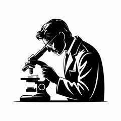 Scientist in lab coat examining specimen under microscope in silhouette