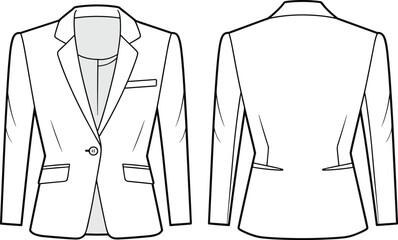One-button women’s blazer technical flat sketch, vector CAD drawing front and back, featuring flap pockets and chest welt pocket