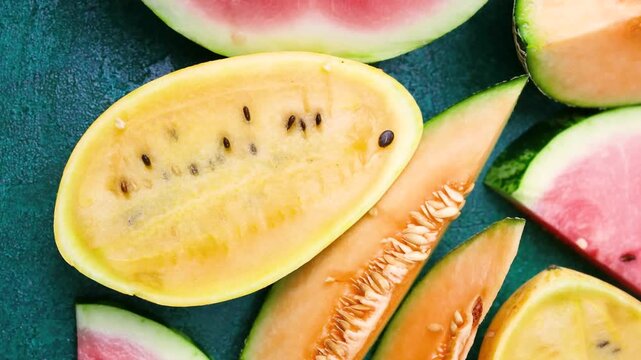 Yellow watermelon slices and cantaloupe pieces on a dark green surface, close up