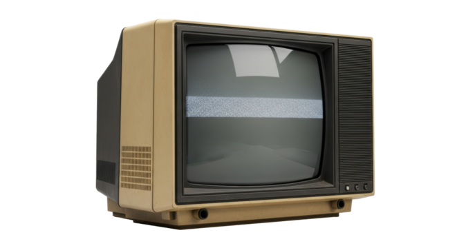Bulky vintage crt television with faded cream plastic and faux wood base, thick dark screen showing flickering gray static, isolated on transparent background with copy space. Concept of vintage
