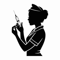 Silhouette of a nurse holding a medical syringe and preparing an injection