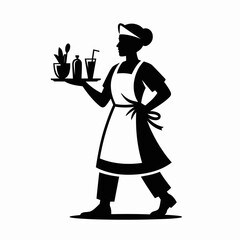 Silhouette of a server wearing an apron carrying a tray of drinks and condiments