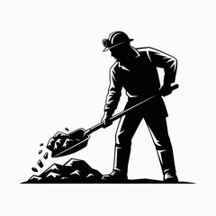 Silhouette of a miner digging coal with a shovel in a mine