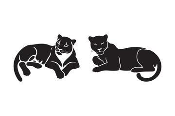 Two black panthers silhouetted against white background