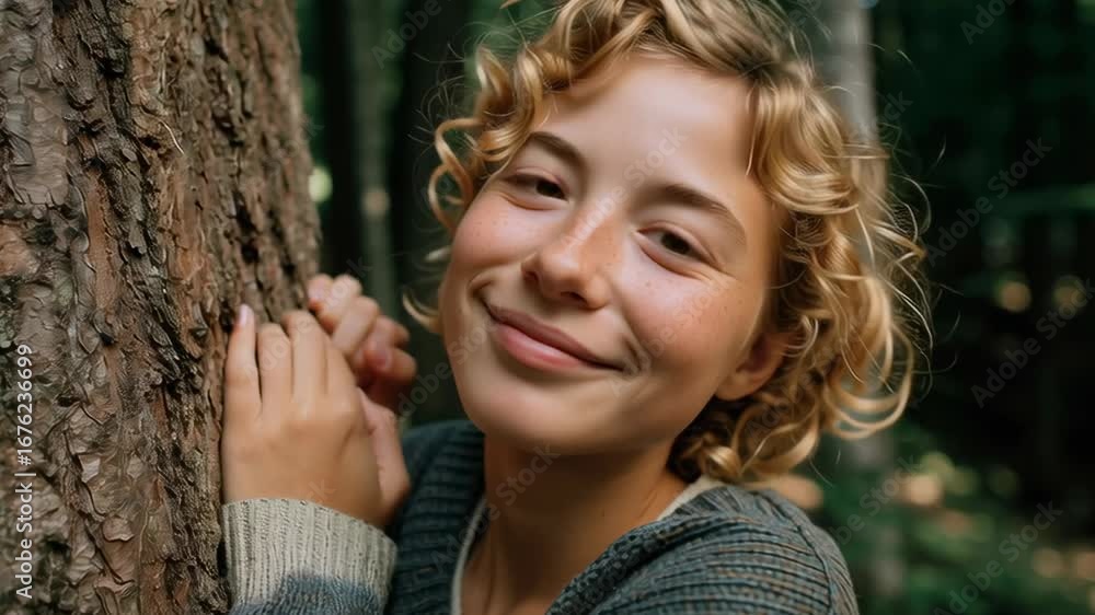 Poster a young woman is hugging a tree trunk and smiling. concept of calm and tranquility, as the girl seem