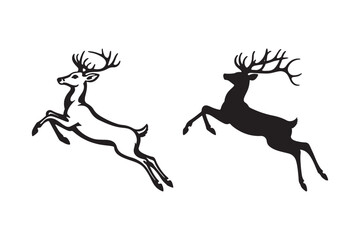 Two leaping reindeer one outlined and one solid black silhouette