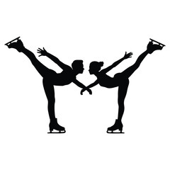 Two figure skaters performing a synchronized routine silhouette