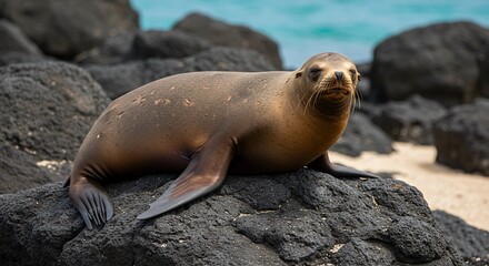Majestic sea lion basking in the Galapagos sun on volcanic rock, a serene coastal scene perfect for travel blogs, educational content, and conservation campaigns, capturing the beauty of wildlife