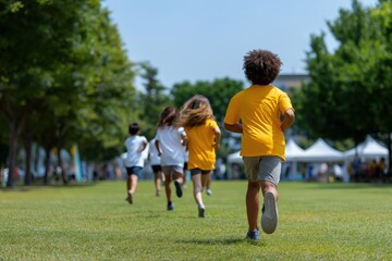Fototapeta premium Children running in park with trees and festival tents in background