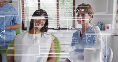Patient smiling beside dental team as UI panels scanning oral data before dentist gloving tools - Powered by Adobe