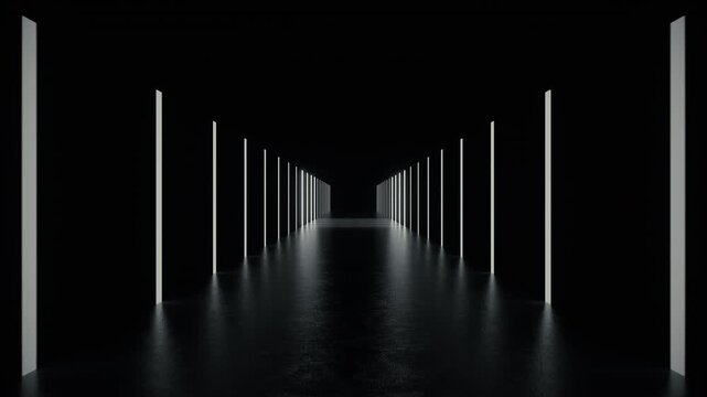 Seamless loop moving through a dark, endless futuristic tunnel or corridor lined with glowing white vertical neon lights. Ultra HD 4K 3840x2160 3D animation.