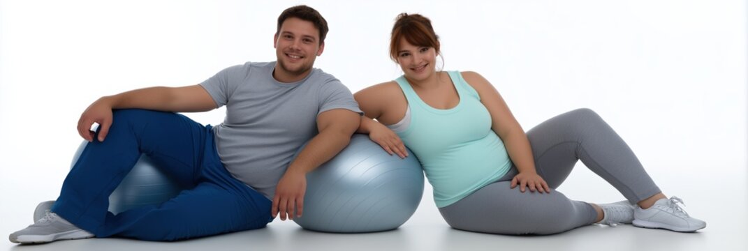 Smiling caucasian couple exercising with fitness balls in casual activewear