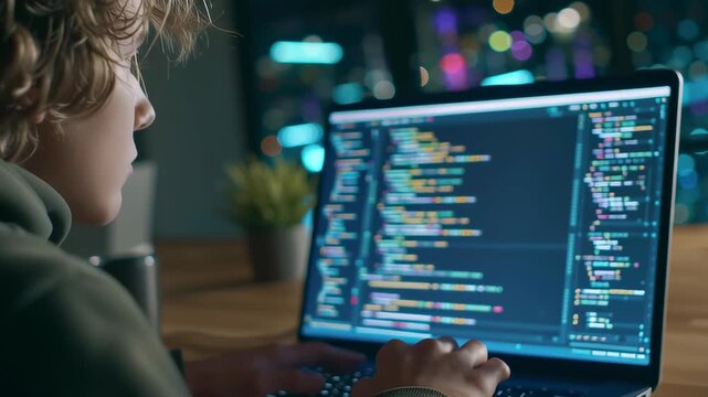 A person is typing on a laptop computer. Concept of focus and concentration as the person works on their computer. The laptop screen displays a complex code