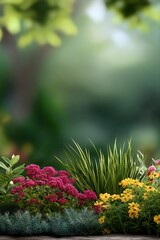 Naklejka premium Lush garden with pink and yellow flowers amidst greenery
