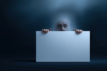 Mysterious male behind blank sign in surreal atmosphere