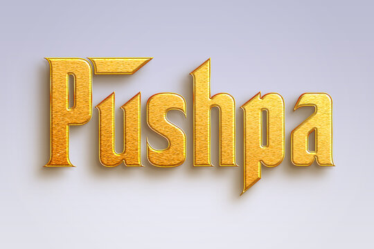Gold text effect of Hindi name Pushpa on light-blue background.