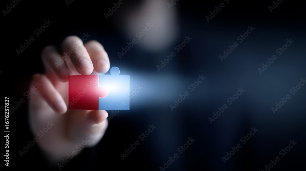 Poster a hand holds a vibrant red and blue object projecting a beam of light. the scene is dark, adding a s