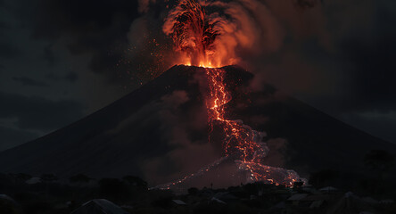 Volcanic Eruption at Night: Fiery Lava Flow Cascading Down Active Volcano