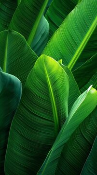 Close-Up of Overlapping Green Banana Leaves Tropical Nature Background