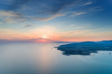 Gelendzhik resort at sunset. Aerial view. We see the 