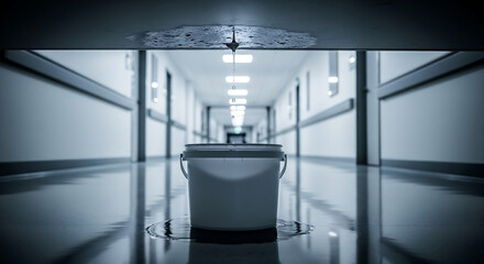 Water dripping from a ceiling leak into a bucket on a wet, reflective floor in a long, empty institutional hallway, indicating a building maintenan...