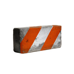 Concrete road barrier with vibrant orange stripes against a stark black backdrop