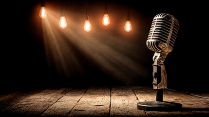 Vintage Microphone on Wooden Stage with Warm Light Bulbs in Dark Studio
