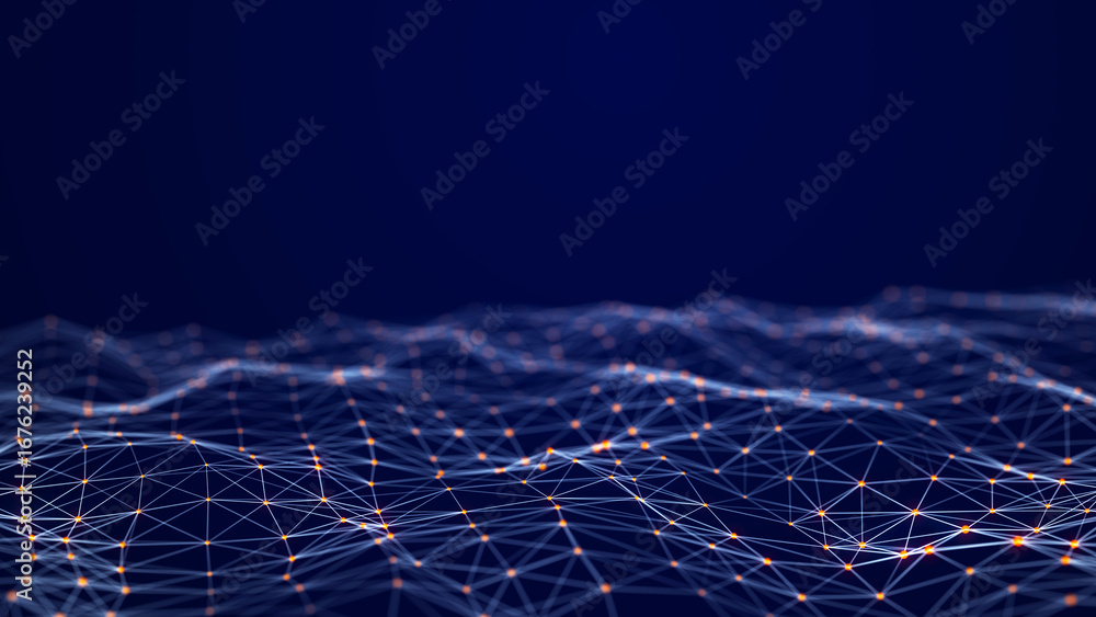 Poster the flow of particles in a dynamic wave. data visualization. abstract dark background. 3d rendering.