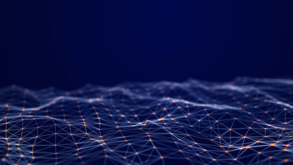 The flow of particles in a dynamic wave. Data visualization. Abstract dark background. 3D rendering.