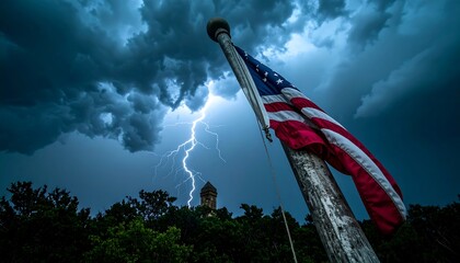 Stormy sky, American flag, and tower
