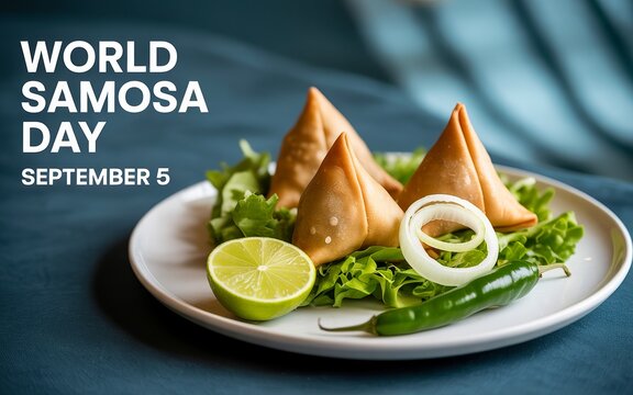 Traditional fried samosas on plate with lime, onion, and chutney.