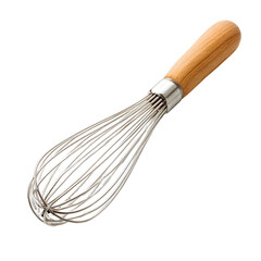 Close-up of a kitchen whisk with a wooden handle on black background