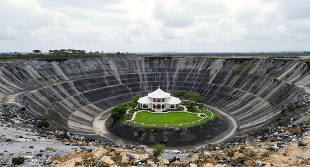 Unique Dome Building with Green Lawn in Deep Layered Quarry