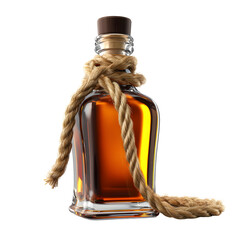 Aromatic elixir: Whiskey bottle adorned with rustic rope against a black backdrop