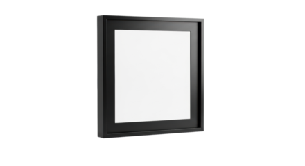 A minimalist square frame with a matte black metal finish, isolated on a transparent studio background with soft, high-key light. Concept of minimalist design and purity